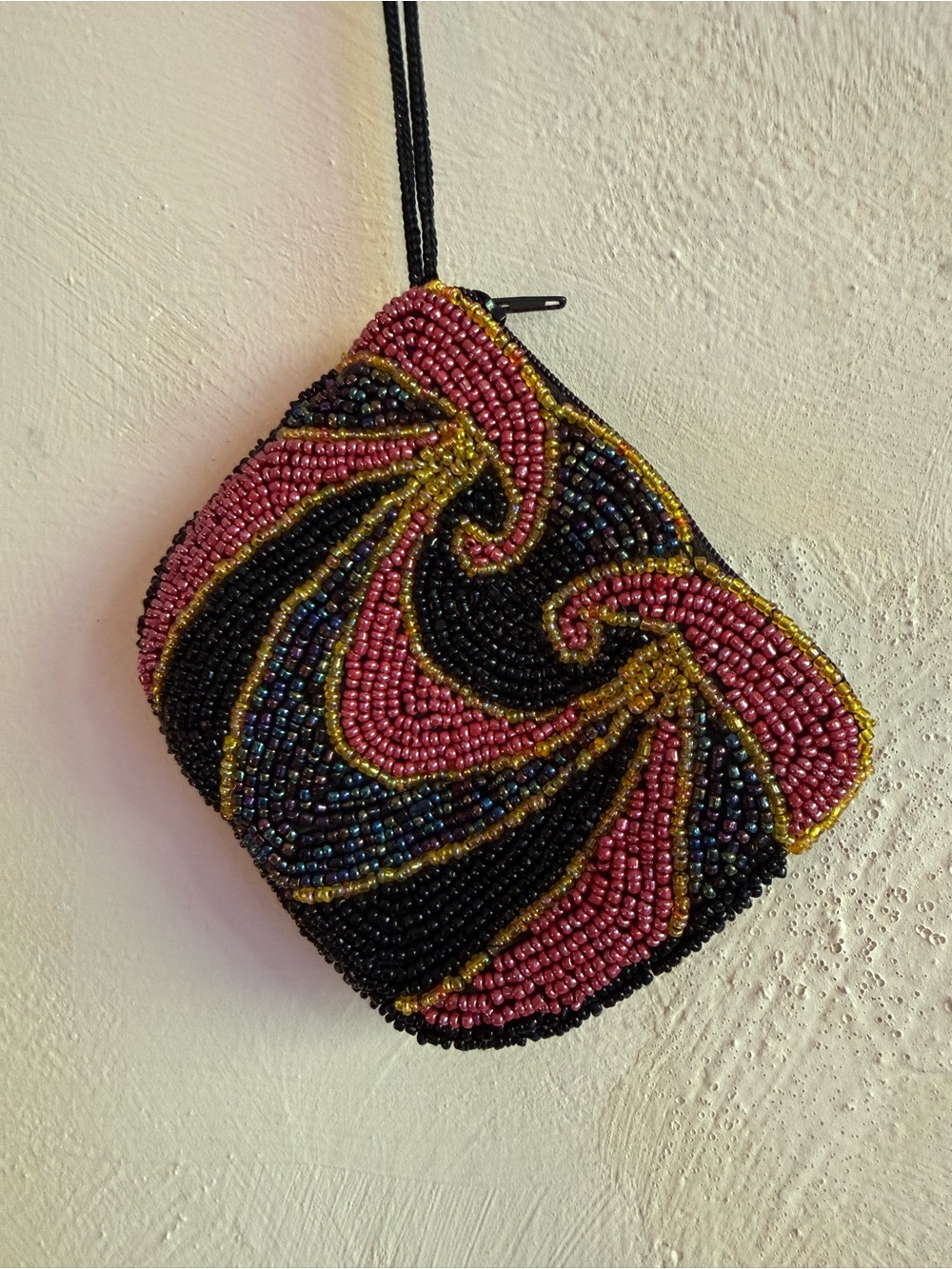 Vintage Art Deco Beaded Coin Purse Pink Black Gold Zip Pouch Cord Strap
